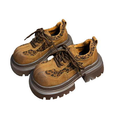 复古真皮豹纹厚底加绒乐福鞋