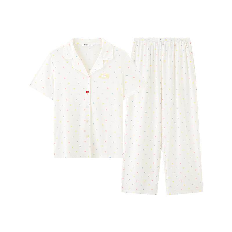 三福女夏季彩色波点睡衣套装 甜系宽松短袖裤子家居服517955