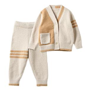 RYSONMOON厚款男女儿童a类撞色13支保暖半边绒开衫外套居家服套装