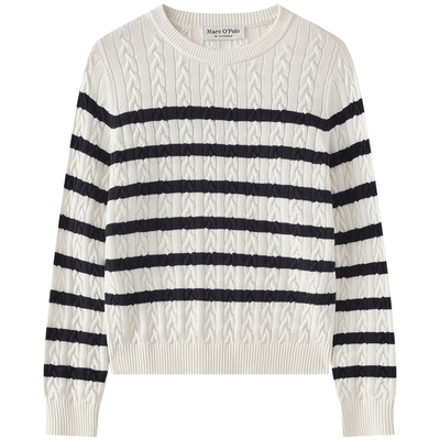 Marc O'Polo秋新品美丽诺羊毛套头针织衫条纹绞花毛衣女慵懒风