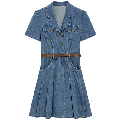 KBNE法式复古小个子牛仔连衣裙女2026夏季新款百褶裙收腰蓝色裙子