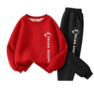 史努比儿童校园冬季套装加绒加厚男童女孩红色卫衣新款潮款服装裤