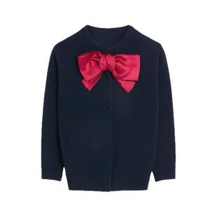 杨紫同款海军蓝可拆卸蝴蝶结针织开衫外套女秋季设计感小衫短上衣