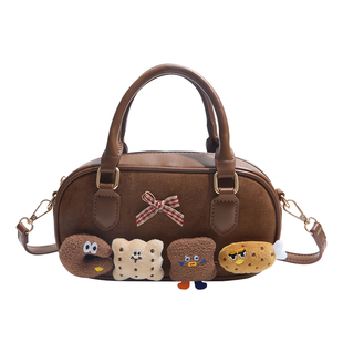 麂皮绒毛呢格子包包女式2025新款小众复古保龄球手提包单肩斜挎包