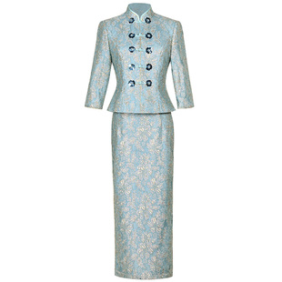 多丽琦新款复古改良旗袍女宽松显瘦蕾丝短袖礼服裙两件套小礼服女