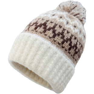 加绒加厚费尔岛风羊毛毛线帽女冬季混色毛球护耳保暖防风针织帽
