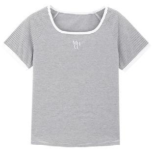 MB MindBridge百家好女士方圆领条纹短袖T恤夏季美式复古休闲上衣