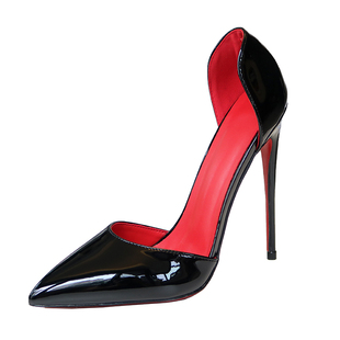 红底红里中空超高跟鞋细跟尖头漆皮超浅口法式大小码性感床上13cm