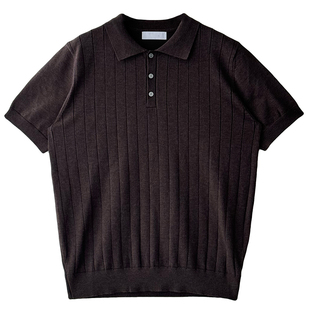 马克斯星球 韩系亨利领咖色针织冰丝短袖T恤男款简约休闲百搭上衣