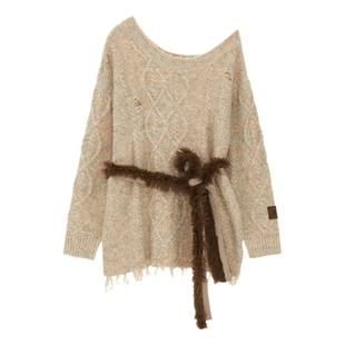 MAMC腰带漏肩流苏毛衣外套早秋新款宽松慵懒风长袖针织衫上衣外搭