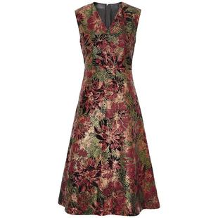 马天奴官方正品2025夏季新款印花V领真皮革连衣裙中长款皮裙子女