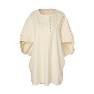 【优质长绒棉】玛丝菲尔夏新款复古时尚泡泡袖龟背浅黄色T恤女