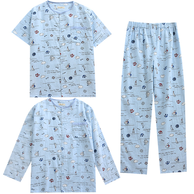 春夏长袖长裤纱布男士全棉空调服