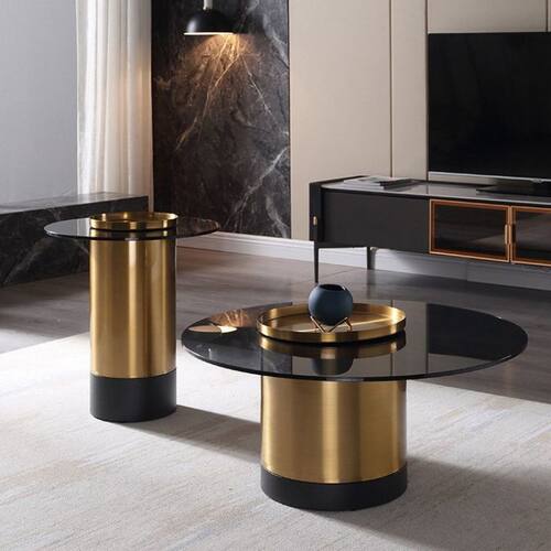 意式圆形茶几组合北欧创意ins家用客厅简约轻奢钢化玻璃小圆桌子