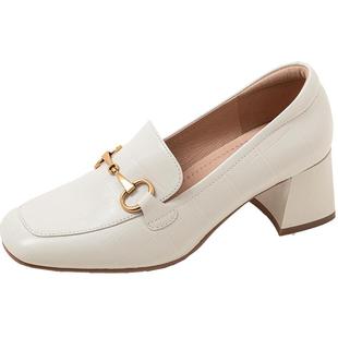 康莉乐福鞋女粗跟秋季新款真皮圆头舒适通勤单鞋高跟小皮鞋