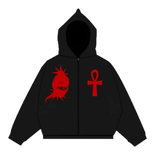 Human Voices原创重磅黑红印花开衫拉链卫衣宽松连帽外套嘻哈潮牌