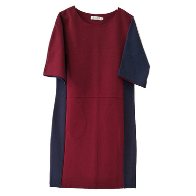 春秋大码时尚拼色高端中袖连衣裙