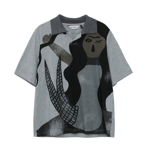 【商场同款】MOVEUP幻走2025春季新款纯棉翻领印花设计师短款T恤