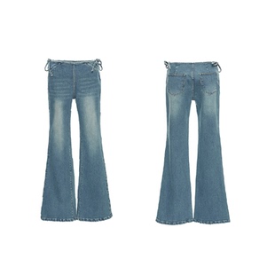 palavas秋冬油画少女系列双系带低腰牛仔裤紧身微喇牛仔裤原创