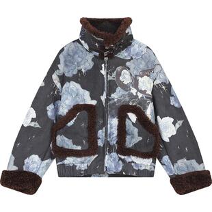 妖精的口袋复古印花皮毛一体短款毛呢外套女2025冬新款小个子保暖