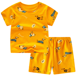 儿童睡衣男孩夏季纯棉男童网眼短袖短裤套装空调服夏天女童家居服