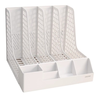 得力书架书立架彩色文件架笔筒A4文件置物架创意四联桌面文件收纳架文件框四栏办公室学生资料收纳整理分类