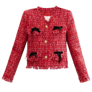 新款粗花呢玫红色厚外套秋冬90白鸭绒圆领短款小香风羽绒服100