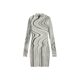 Desigual26春夏新品针织弹力线条印花长袖短款连衣裙