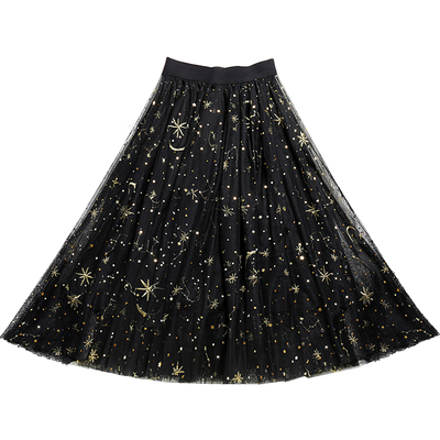 刺绣花星星亮片黑色网纱半身裙