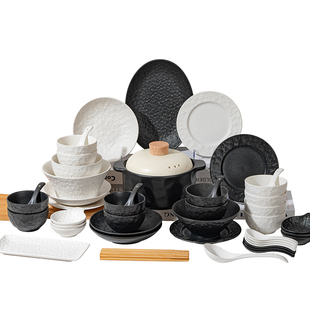 陶瓷餐具套装2025款碗碟家用碗具釉下彩黑白轻奢碗盘套装乔迁送礼