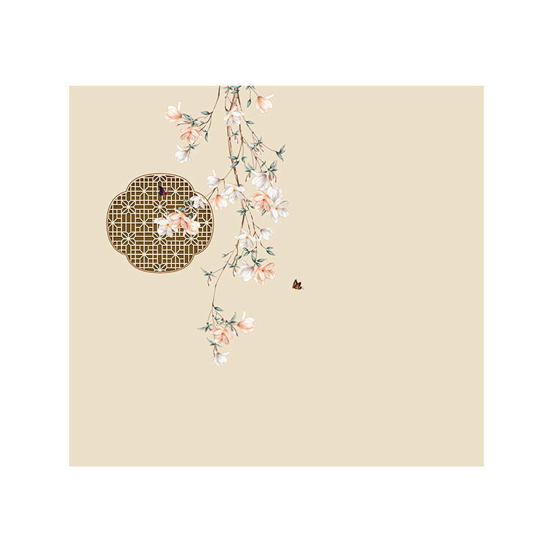新中式淡雅古筝客厅国风背景墙布茶室卧室玉兰花鸟壁画餐厅墙壁纸