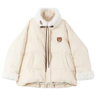 KEIKO 奶呼呼小熊刺绣加厚棉服外套女冬季羊羔绒拼接短款面包服