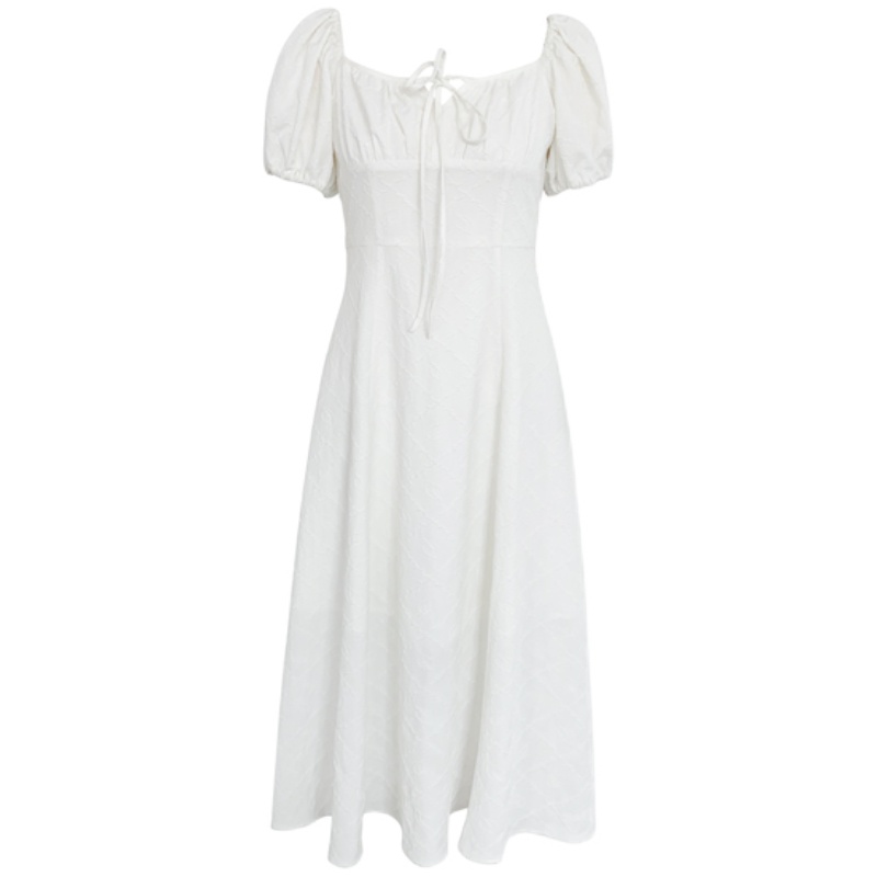 果哥定制白色连衣裙女2022夏季新款方领泡泡袖法式复古侧开叉长裙