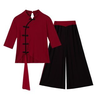 民族风广场舞蹈服装秋新款女团队服跳舞衣雪纺阔腿裤表演出服套装