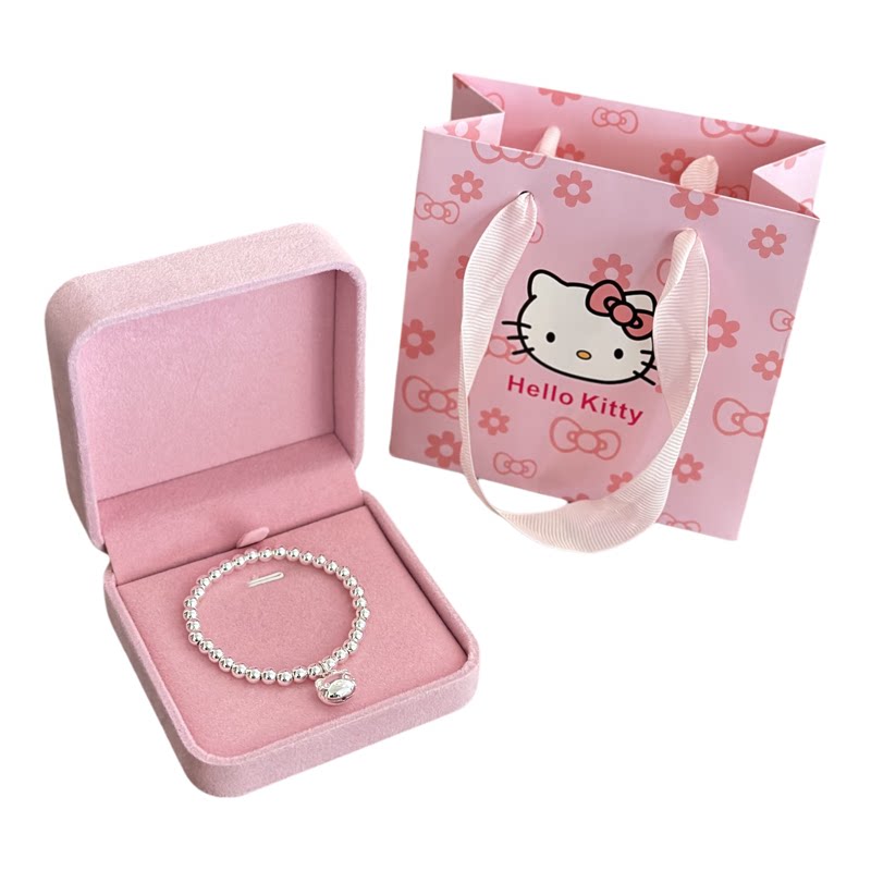 999纯银圆珠手链女可爱卡通Kitty猫吊坠手串宝宝儿童送人生日礼物