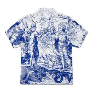 邓为明星同款蓝色浮雕宽松古巴领短袖衬衫男女夏威夷度假衬衣潮牌