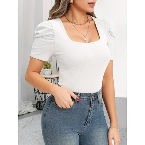 T 83205 Ribbed Square Neck Sleeves Bodysuit 坑条连体衣