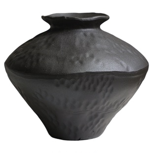 侘寂风黑色粗陶罐子新中式复古禅意陶瓷花瓶摆件民宿茶室酒店定制