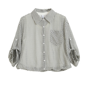 SANI奥莱反季清仓特卖翻领黑格口袋高级小众中袖衬衫女舒适感上衣
