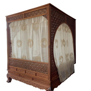 中式仿明清古典单双月洞拔步架子床亚棉麻葫芦绣花纱装饰防蚊床幔