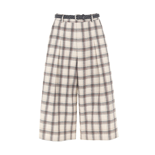 wana try格纹阔腿休闲米咖中裤含腰带2025秋季新款百搭女款下装