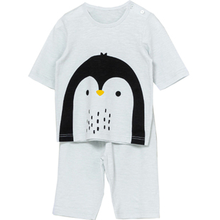 韩国儿童睡衣男童企鹅图案家居服宝宝夏薄款女童纯棉空调服七分袖