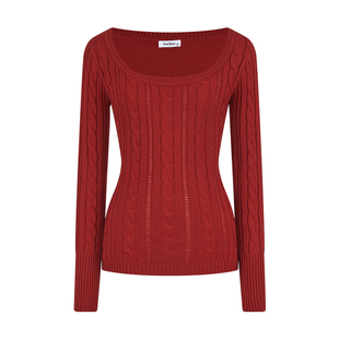 MosesQueen魔西女王红色麻花毛衣秋冬内搭打底衫修身方领针织上衣