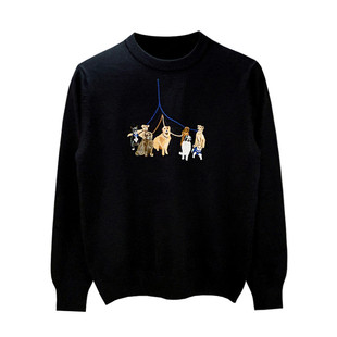 欧洲站潮牌黑色上衣修身针织衫男秋冬季轻奢个性狗狗刺绣毛衣男款