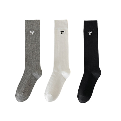 小腿袜蝴蝶结刺绣袜子深灰色miu系长袜女灰色显瘦袜子春秋季棉袜