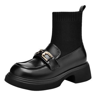 达芙妮黑色短靴女弹力袜靴厚底