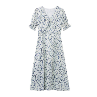 最小的海 法式V领小清新蓝色碎花裙2024夏季收腰开叉中长款连衣裙