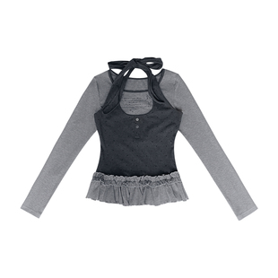 米米子微胖大码胖mm“返校韩女”韩系甜美修身假两件波点花边上衣