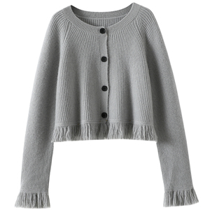 颜值高呀！流苏100%纯山羊绒开衫女圆领纯羊绒毛衣外套短款加厚