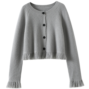 颜值高呀!流苏100%纯山羊绒开衫女圆领纯羊绒毛衣外套短款加厚